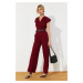 Trendyol Burgundy Belted Double Breasted Collar Wide Leg Woven Jumpsuit