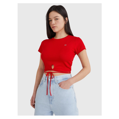 Tommy Jeans Red Women Ribbed Cropped T-Shirt with Tie at Waist Tom - Women Tommy Hilfiger