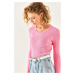 Olalook Women's Pink V-Neck Ribbed Lycra Knitwear Blouse