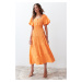 Trendyol Orange Waist Opening Gipe and Back Detailed Square Collar Maxi Woven Dress