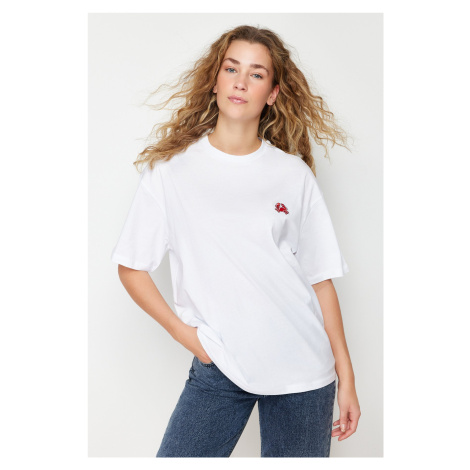 Trendyol White 100% Cotton Embroidered Oversize/Wide Fit Crew Neck Knitted T-Shirt