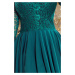 Dámské šaty v lahvově zelené barvě s delším zadním dílem a s krajkovým výstřihem model 7213719 X