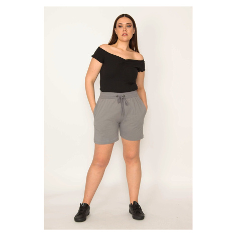 Şans Women's Plus Size Gray Cotton Fabric Shorts With Elastic Waist And Lace-Up Eyelets With Sid