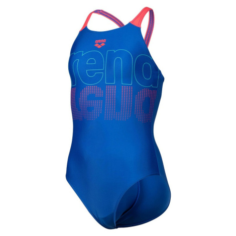 Arena girls swimsuit v back graphic royal/fluo red