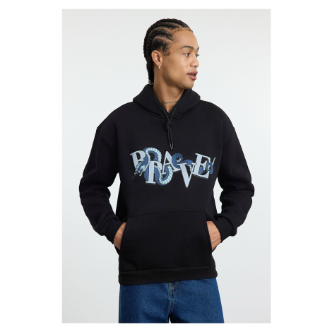 Trendyol Black Oversize/Wide Cut Hooded Puffy Print Fleece/Warm Sweatshirt