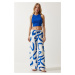 Happiness İstanbul Women's White Blue Patterned Raw Linen Palazzo Trousers