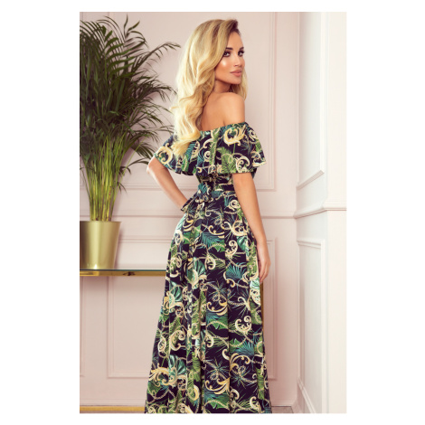 Dlhé dámske šaty so španielskym výstrihom a vzorom zelených listov a zlatých retiazok 194-4 NUMOCO
