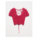 Dilvin Fuchsia Square Neck Laced Back Short Sleeve Sweater