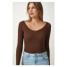 Happiness İstanbul Women's Brown V Neck Ribbed Lycra Knitted Blouse