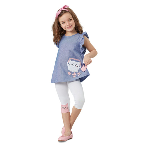 Denokids Frilly Cat Girl's Blue White Summer T-shirt Tunic Tights Set