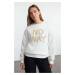 Trendyol Ecru Slogan Embroidered Regular/Normal Fit Crew Neck Thick Knitted Sweatshirt