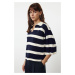 Trendyol Cream Polo Collar Basic Striped Knitwear Sweater