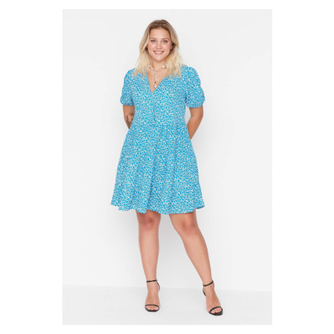 Trendyol Curve Blue Double Breasted Collar Floral Patterned Knitted Dress
