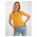 Dark yellow formal blouse with application and short sleeves