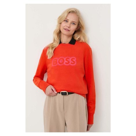 Bavlnená mikina BOSS dámska,oranžová farba,s potlačou,50468357 Hugo Boss