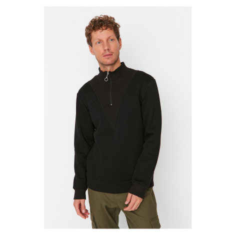 Trendyol Black Men Regular Fit Zipper Stand Up Collar Paneled Long Sleeve Thick Sweatshirt