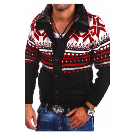 Pánsky pletený sveter na gombíky s golierom Carisma Norweger model 7011 - Indigo / svetlo červen