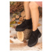 armonika WOMEN'S BLACK SUEDE THICK SOLE LAPPED SHORT BOOTS