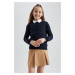 DEFACTO Girl Navy Blue Crew Neck Knitted School Cardigan