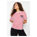 Trendyol Red Striped Slogan Embroidery Detailed Relaxed/Comfortable Cut Knitted T-Shirt