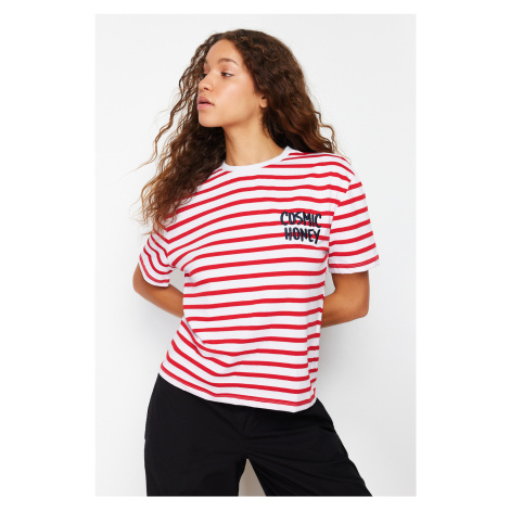 Trendyol Red Striped Slogan Embroidery Detailed Relaxed/Comfortable Cut Knitted T-Shirt