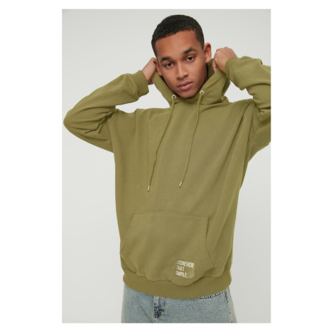 Trendyol Basic Khaki Oversize/Široký Strih Kapucňová Mikina s Fleece Podšívkou