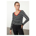 Trendyol Black Crop Striped V Neck Knitwear Sweater