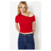 Trendyol Red Gathered Asymmetrical Collar Stretchy Knitted Blouse