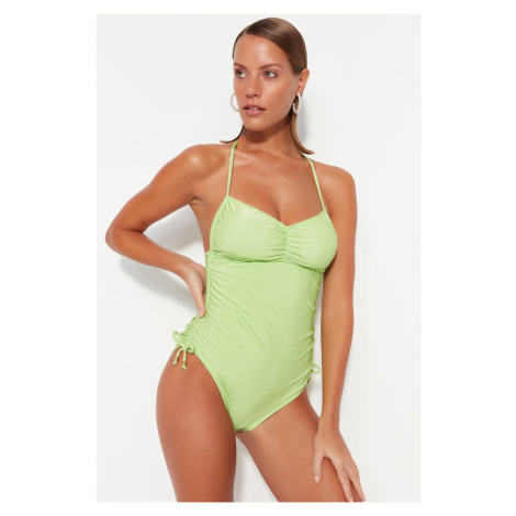 Trendyol zelené plisované plavky s textúrou s vysokými nohami bez ramienok
