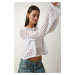 Happiness İstanbul Women's White Openwork Crop Knitwear Sweater