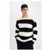 DEFACTO Men's Black Relax Fit Casual Cut Crew Neck Striped Textured Knitwear Sweater