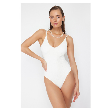 Trendyol Ecru V Neck Textured Regular Swimsuit