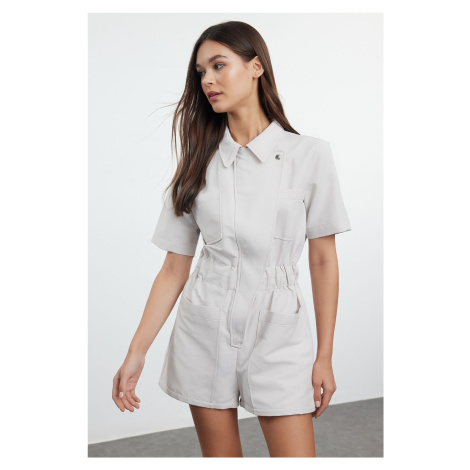 Trendyol Stone Shirt Collar Waist Gabar Detailed Gabardine Mini Jumpsuit