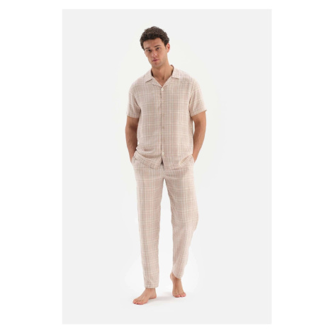 Dagi Beige Shirt Collar Plaid Woven Pajamas Set