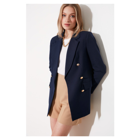 Trendyol Navy Blue Oversize Lined Double Breasted Closure Woven Blazer Jacket