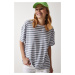 Happiness İstanbul Women's Gray Crew Neck Striped Oversize Knitted T-Shirt