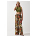 Happiness İstanbul Women's Khaki Yellow Patterned Flowing Viscose Palazzo Trousers