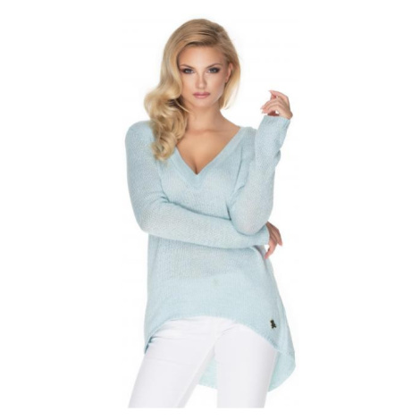 Asymetrický modrý sveter pre dámy s V-výstrihom