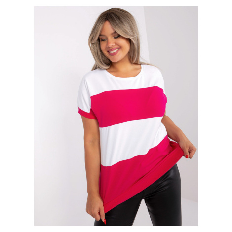 Ecru-fuchsia blouse plus size with short sleeves