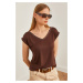 Olalook Women's Bitter Brown Silver Stitching Detailed V-Neck Knitted Viscose Blouse