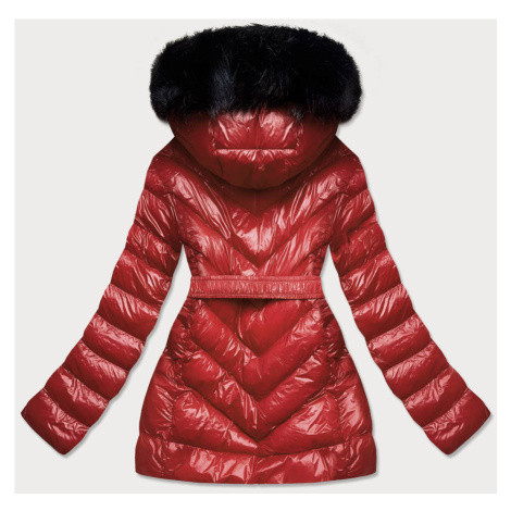 Lesklá zimná bunda vo vínovej bordovej farbe s machovitou kožušinou (W673) MHM