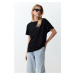 Trendyol Black Plain Relaxed Boat Neck Low Sleeve Knitted T-Shirt