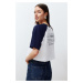 Trendyol White 100% Cotton Color Block Slogan Printed Relaxed Crop Knitted T-Shirt