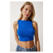 Happiness İstanbul Women's Blue Barbell Neck Crop Knitted Blouse