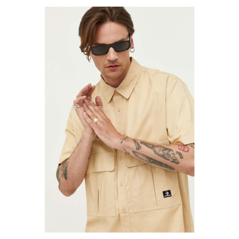 Bavlnená košeľa Converse pánska, béžová farba, regular, s klasickým golierom