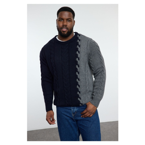 Trendyol Navy Blue Men's Slim Fit Crew Neck Color Block Knitwear Plus Size Sweater