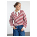 Trendyol Burgundy Striped Polo Neck Thick Fleece Inside Oversize Knitted Sweatshirt