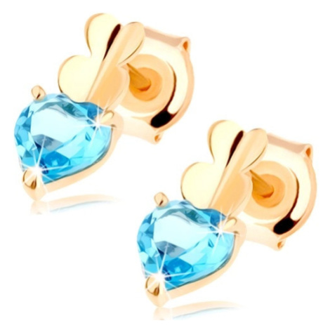 Náušnice zo žltého 14K zlata s trojicou sŕdc a modrým topásom