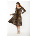Şans Women's Plus Size Brown Leopard Print Long Sleeve Dress