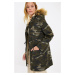 Trendyol Khaki Hooded Camouflage Patterned Plush Detailed Coat